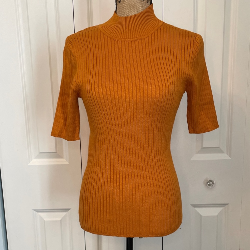 Madison Grey Vibrant Orange FITTED Ribbed Short Sleeve Top
